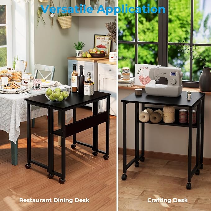 GreenForest Folding Desk with Wheels, 24.8" Rolling Table for Small Spaces | Storage Shelf, Lockable Casters, Compact Portable Workstation, Space-Saving Foldable Sofa Table, Home Office, Mobile, Black