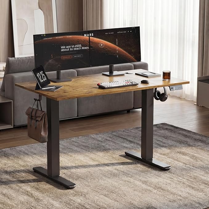 Claiks Electric Standing Desk, Adjustable Height Stand up Desk, 48 * 24 Inches Sit Stand Home Office Desk with Splice Board, Black Frame/Vintage Brown Top