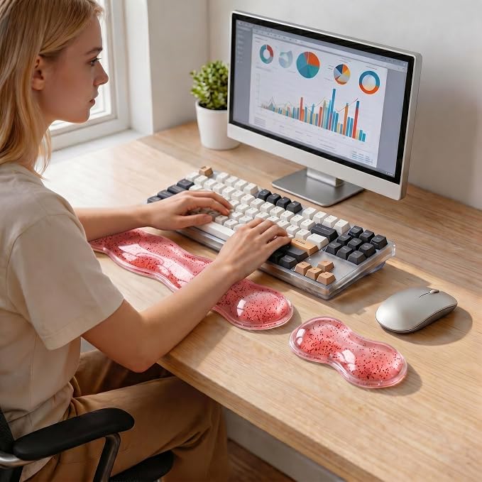 Wrist Rest for Keyboard and Mouse, Glitter Ergonomic Mouse Hand Rest Set, Cute Sparkle Cloud Keyboard Pad with Wrist Support, Gel Girl Desk Decor Accessories for Office Home School (Red)