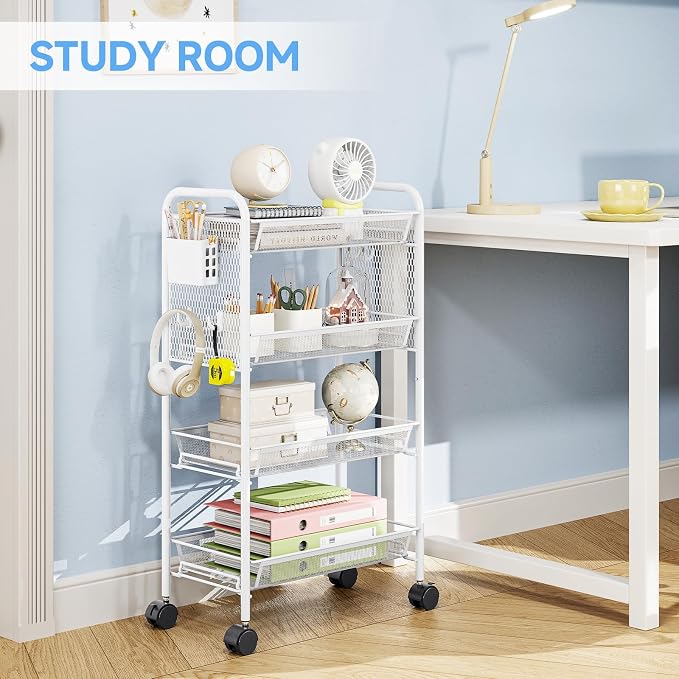 KINGRACK 4 Tier Rolling Cart, Metal Utility Storage Cart with Pegboard | Screwless Assembly, Lockable Wheels, 4 Hooks & 1 Bin, Mobile Organizer for Bathroom Kitchen Office Craft Room Laundry, White