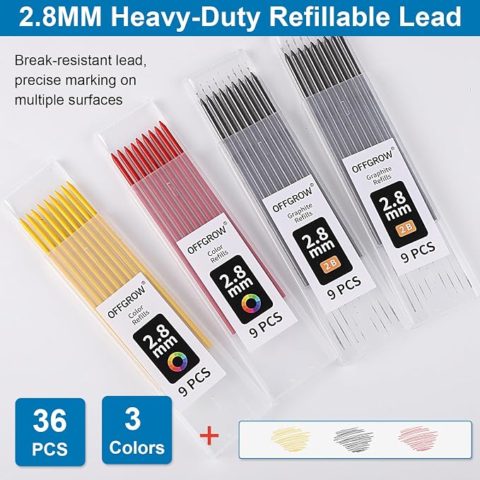2-Pack Mechanical Carpenter Pencils Set with Refills and Case | 2.8 mm Refills, Built-in Sharpener, 48 mm Deep-Hole Marker, Storage Case, for Wood Metal Concrete Glass
