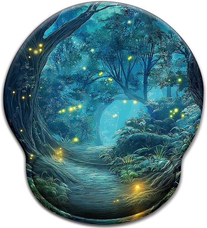 LIMKRIAN Firefly Forest Ergonomic Mouse Pad with Wrist Rest, 9.8 x 8.6in | Comfort Gel Wrist Support Pain Relief, Non-Slip PU Base, Smooth Surface, Mousepad for Computer Office Desk Accessories Decor