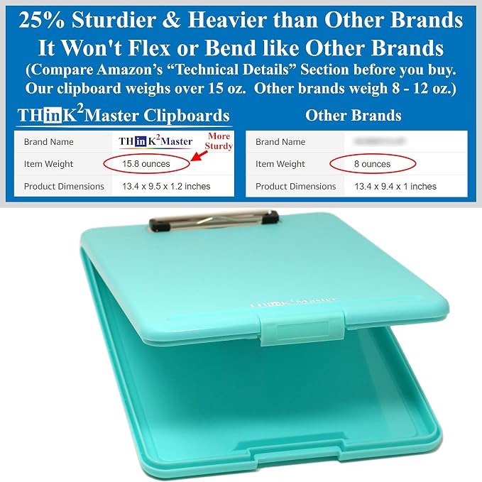 Think2Master [3 Pack] Teal Plastic Storage Clipboard. | 25% Heavier & Sturdier| Heavy Duty and Won’t Flex Like Other Brands (Compare The Weight). Storage Compartment Holds 150 Letter Sized Paper.