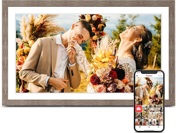 Digital Picture Frame 15.6 Inch, Large WIFI Digital Photo Frame Frameo,Electric Slideshow Frame, 1920 * 1080 IPS FHD Touchscreen, 32GB, Tabletop&Wall-Mounted, Share Video Picture, Wedding Gift, Greige