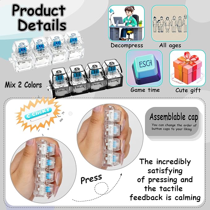 2 PCS Keyboard Fidget Toy, Keyboard Fidget Keychain 4-in-1 Keyboard Decompression Button Finger Clicker Toys, Button Stress Relief Fidget Gifts to Relief Stress (Clear Black)