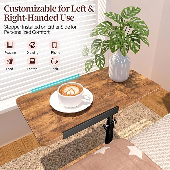 End Table Adjustable Height, 22.8"L Side Table Tv Tray with Wheels, 90° Tilting Panel Couch Table That Slides Under, Small End Table for Small Spaces, Overbed Bedside Desk Mobile Rolling Laptop Stand