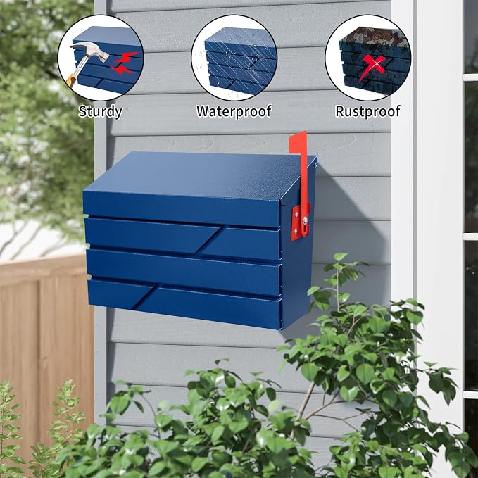 Wall Mount Mailbox for House Outside, Large Capacity Mailbox with Flag Drop Box, Galvanized Steel and Rust-Proof Metal Post Box, 15.74"x9.84"x4.33", Blue, MD065