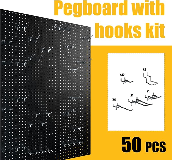 Spampur Peg Board, 8 Pack Metal Pegboard Panels with 50 Hooks | Black Pegboards Wall Organizer, Heavy Duty Peg Board for Garage Tool Storage, Office Organization, Craft Room, Kitchen