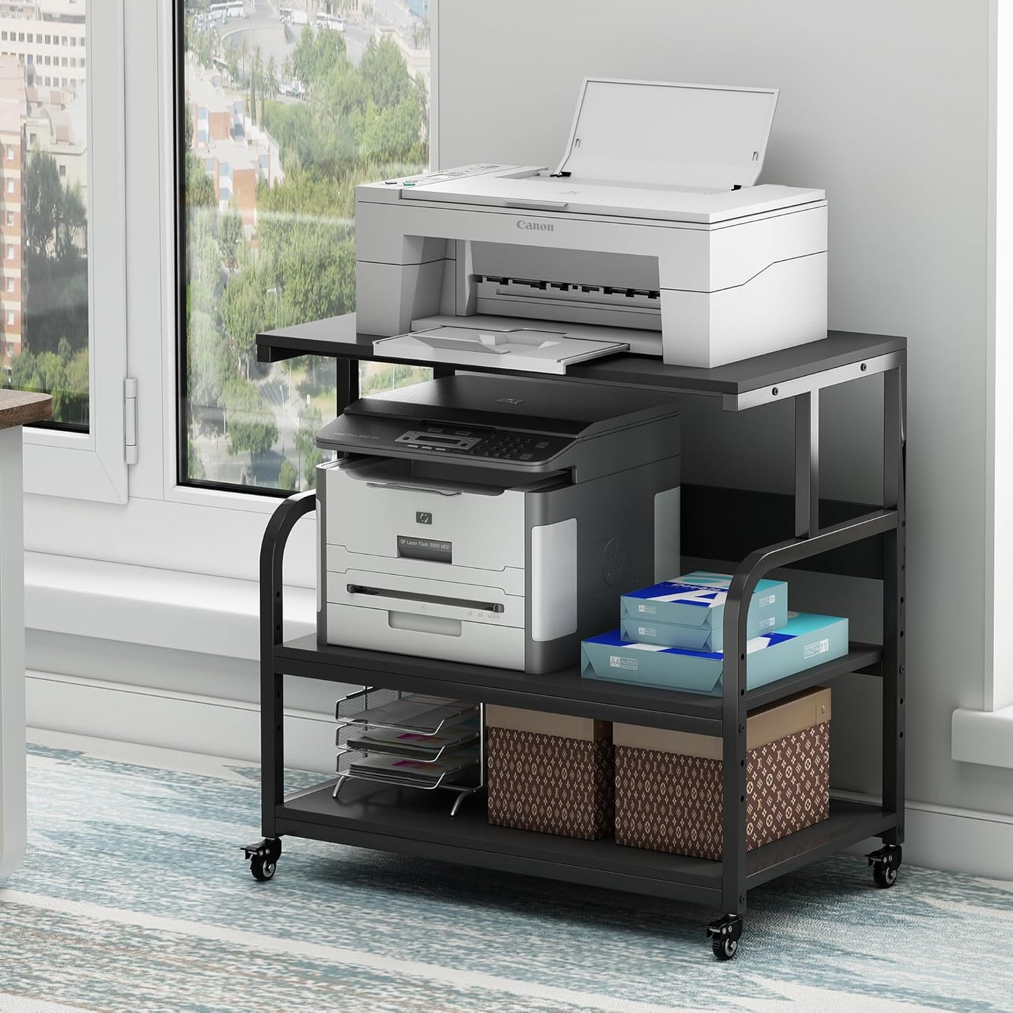 32.3" x 18.9" Extra Large Printer Stand Table with Adjustable Storage Shelf, 3 Tier Rolling Printer Cart with Industrial Wheels for Home Office, Black