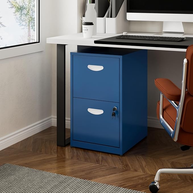 Polup 2 Drawer File Cabinet with Lock, Metal Filing Cabinet for Home Office | Small Locking Cabinet for Under Desk Storage, Printer Stand, Fits Letter Size, Blue, 26"H x 15"W x 18"D, Easy Assembly