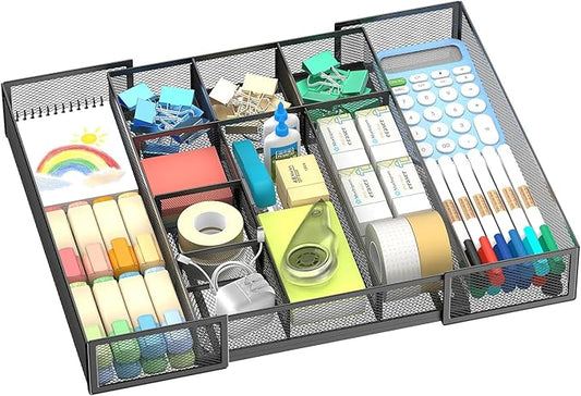 Expandable Desk Drawer Organizer Tray with 10 Adjustable Compartments, Metal Mesh Office Drawer Organizer, Versatile Desk Organizer for Home, School Supplies, Makeup Vanity & Jewelry (Black)