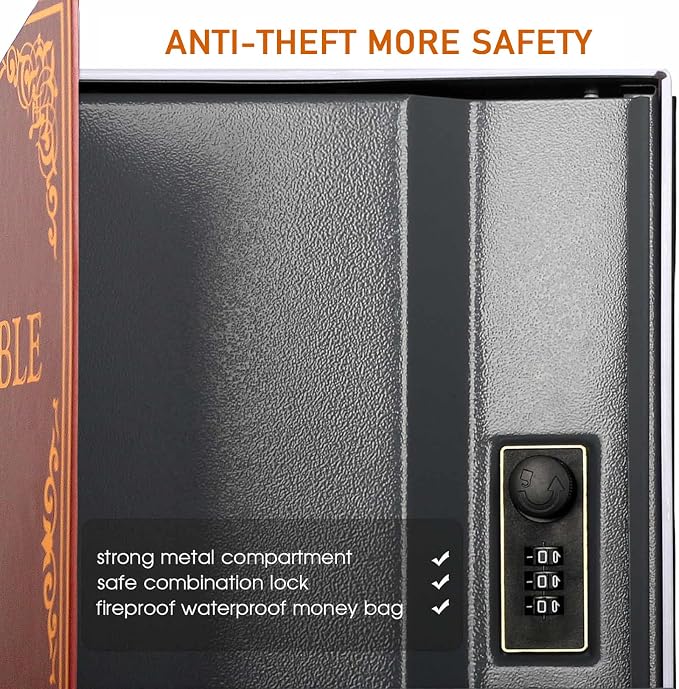 Diversion Book Safe with 4200°F Fireproof Money Bag and Combination Lock, 10.5" x 7.9" x 2.5" Fake Book Hidden Storage Safe, Hollow Secret Portable Metal Storage Box for Cash, Valuables - Easter Bible