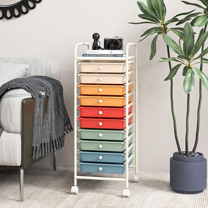 GLACER 10 Drawers Rolling Cart, Storage Cart with w/Removable Drawers & Steel Frame, Utility Mobile Trolley w/Universal Casters & 2 Brakes, Organizer Cart for Home, School, Office (Macaron)