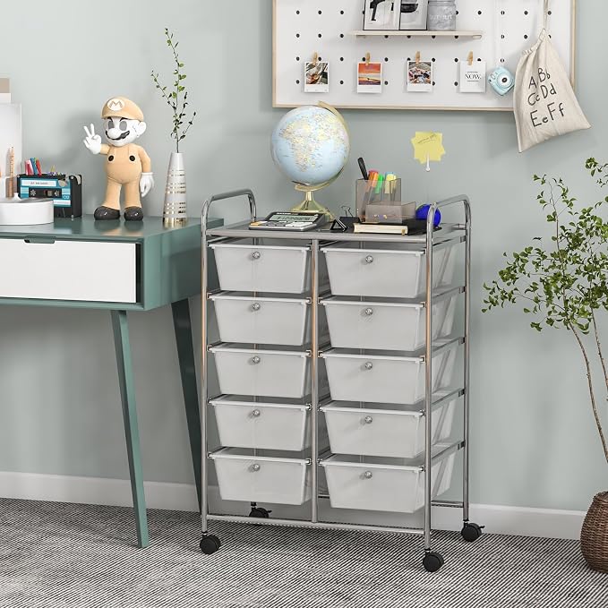 BECOMFORT 10-Drawer Rolling Cart with Drawers, Storage Carts on Wheels, Teacher Classroom Organizers with Metal Frame, Mobile Craft Carts, Trolley Utility Cart for School Office Play Room