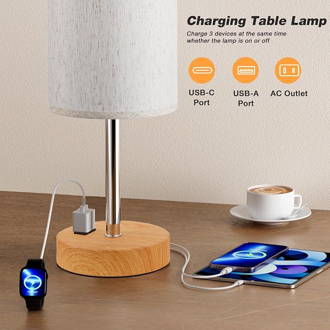 Touch Table Lamp - Cream, 3-Way Dimmable, USB A + C Charging, AC Outlet, 17.4inch Medium, Wood Grain Base