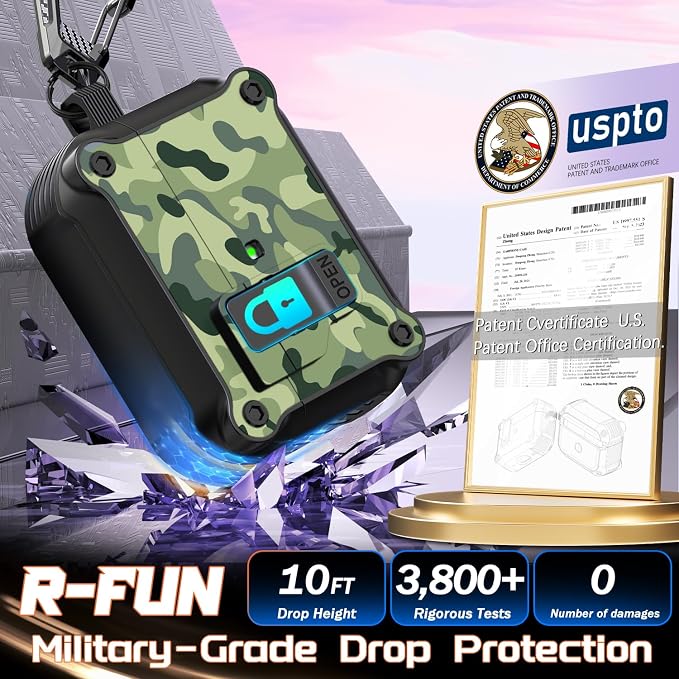 R-FUN for AirPods Pro 2 Case with Lock Magnetic Lid, Rain Camouflage | Compatible with AirPods Pro 2nd Generation and AirPods Pro 1st Generation (2019) Case with Cleaner Kit & Carabiner, MagSafe