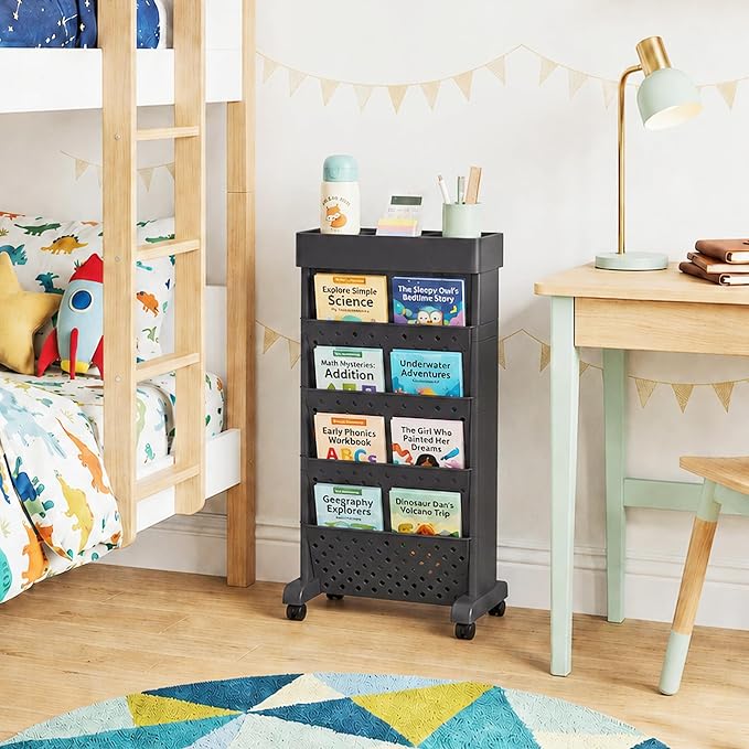 BYFU 5-Tier Movable Bookshelf Cart, 26.0" H, Black | Rolling Wheels, File Paper Storage Organizer, Mobile Bookcase, For Home Office Study Classroom