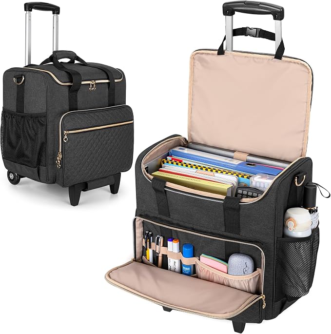LUXJA Rolling Teacher Bag with Wheels and 15.6" Laptop Compartment, Black | Rolling Briefcase for Women, Teacher Tote Bag for Office Work with Detachable Dolly and Shoulder Strap, Ample Storage Pockets