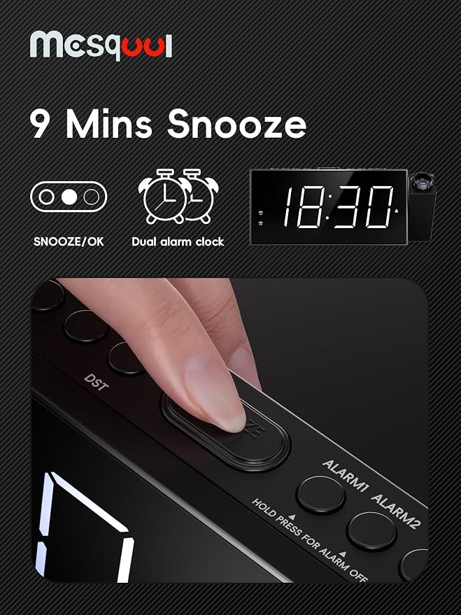 Mesqool Digital Projector Alarm Clocks for Kids Bedroom,Plug-in Clock with 180° Projection on Ceiling Wall,Dual Alarms for Heavy Sleepers,Battery Backup,USB Charging Port,Easy-to-Set,Dimmer,Snooze
