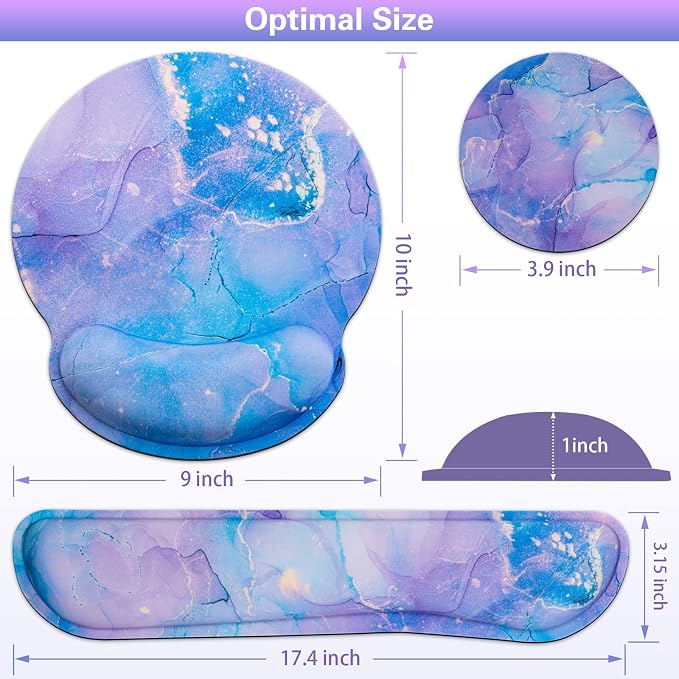 Mouse Pad Purple, Mouse Pad with Wrist Rest Set, 3-in-1 | Wrist Support Mousepad Set,Gaming with Anti-Skid Base,Ergonomic Memory Foam Keyboard Gel Wrist Rest