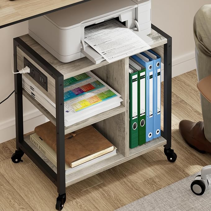 Garvee 3-Tier Printer Stand, Rolling Under Desk Printer Cart with Lockable Wheels, Industrial Mobile Printer Table with Power Outlets, USB Ports & Paper Storage Shelf for Home, Office, Retro Gray