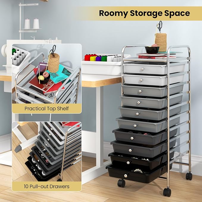 COSTWAY 10-Drawer Rolling Storage Cart, Utility Mobile Trolley | Removable Drawers & Universal Casters & 2 Brakes, Versatile Flexible Drawer Organizer Cart for Home, Office (Mixed Black)