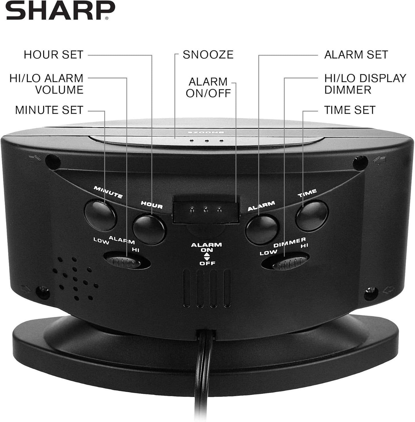 Sharp Home LED Digital Alarm Clock – Swivel Base - Outlet Powered, Simple Operation, Alarm, Snooze, Brightness Dimmer, Big Green Digit Display, (Midnight Black -Red LED)