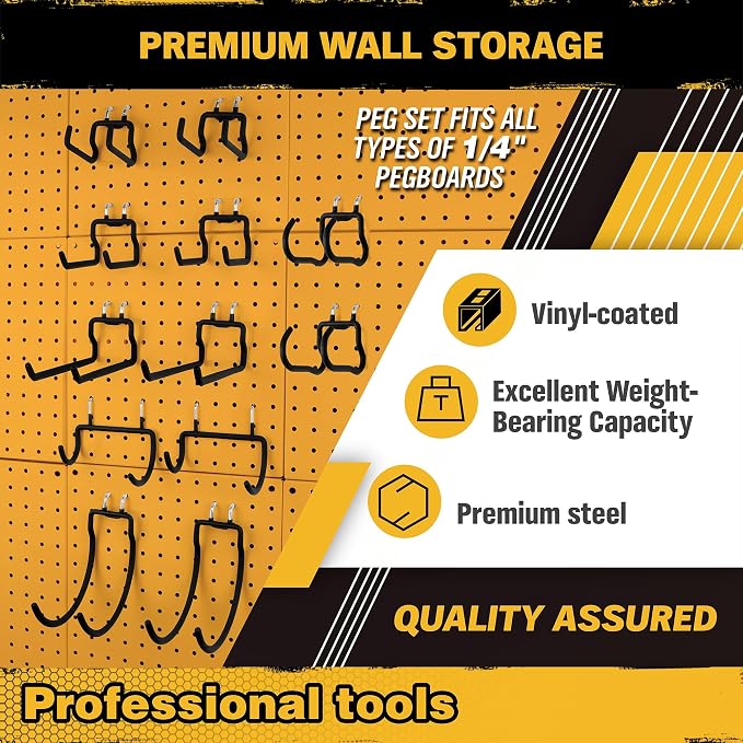 ELEAD 28-Piece Pegboard Hooks with Extension Straps, Heavy Duty Organizer Pegboard Accessories Fit for 1/4" Pegboard, Peg Board Tool Utility Hangers for Power Tool, Drill, Bag, Cord