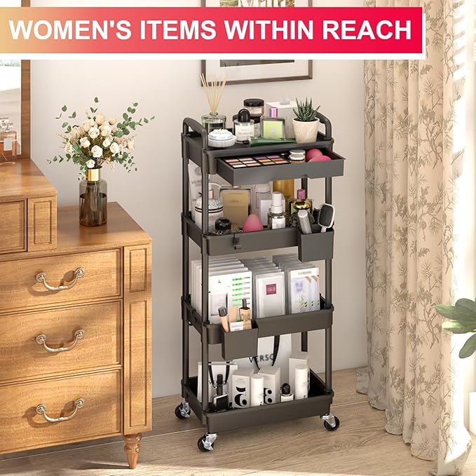 Goovilla 4 Tier Rolling Utility Cart Organizer with Removable Drawer, Black | Stable and Sturdy Rolling Storage Carts with 2 Lockable Wheels for Bathroom, Kitchen, Snack, Craft, Makeup, Baby Essentials