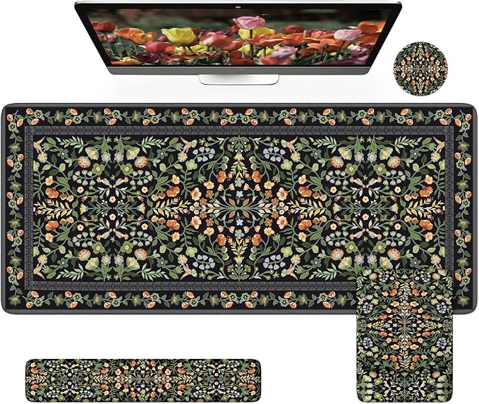 iCasso Mouse Pad with Wrist Rest,Ergonomic Large Desk Mat Set, Black | Keyboard Pad with Wrist Support, Non-Slip Mouse Mat for Women, Cute Floral Computer Mat for Home Office Gaming