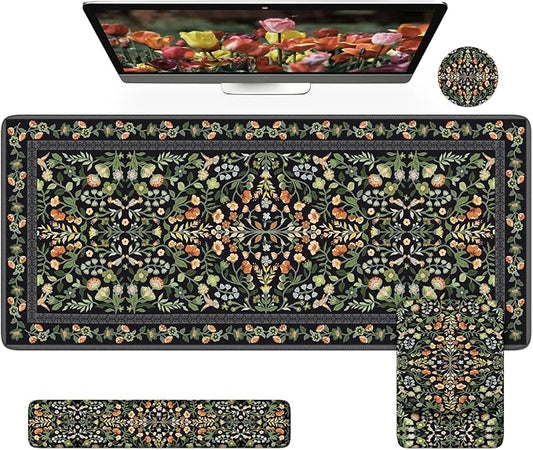 iCasso Mouse Pad with Wrist Rest,Ergonomic Large Desk Mat Set, Black | Keyboard Pad with Wrist Support, Non-Slip Mouse Mat for Women, Cute Floral Computer Mat for Home Office Gaming
