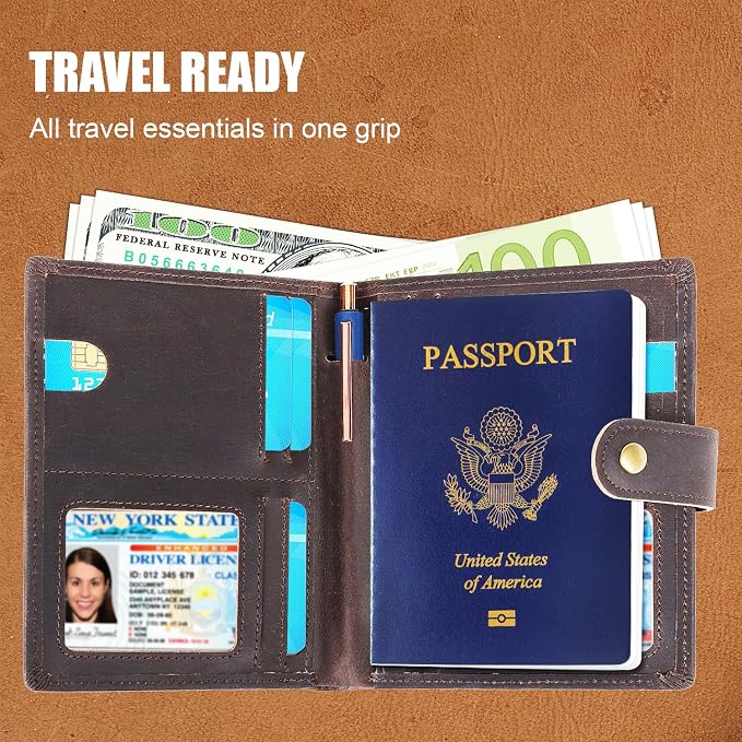 Vitus Full Grain Leather Passport Wallet, Travel Document Organizer with RFID Blocking, Dual Passport Slots, Dual Cash Pockets, Multiple Card Holders, a 60-Page Travel Notebook & Pen Included