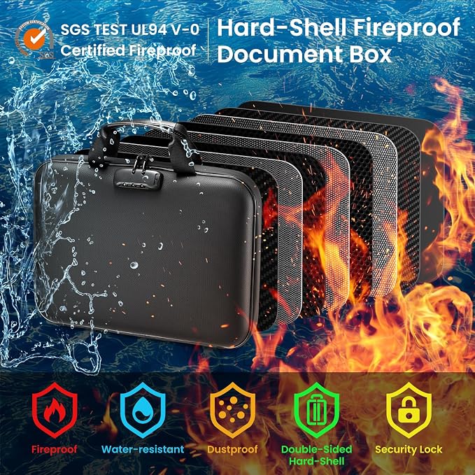 Fireproof Document Box with Lock, Hard case Fireproof File Organizer with 13 Pocket Accordion File Folders, Portable Safe Box for Home Office Travel to Storage Important Documents Laptop