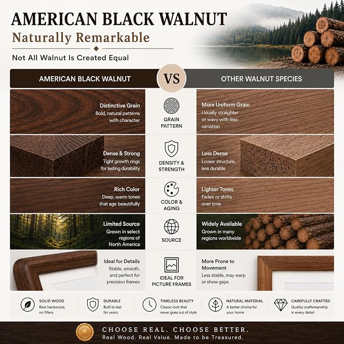 Solid American Black Walnut Picture Frame, 4x6 matted to 3x5 Photo | Natural Wood, Tabletop, Decorative Joinery Corners, Horizontal or Vertical Display