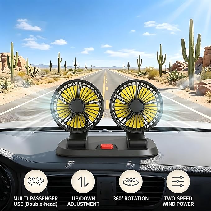 Dual Head 12V Car Fan for SUV Truck RV with No AC,Adjustable Car Cool Fan, Dual Head Design, 2-speed Adjustable, 360° Rotating Portable Car Fan,Powered by Cigarette Lighter