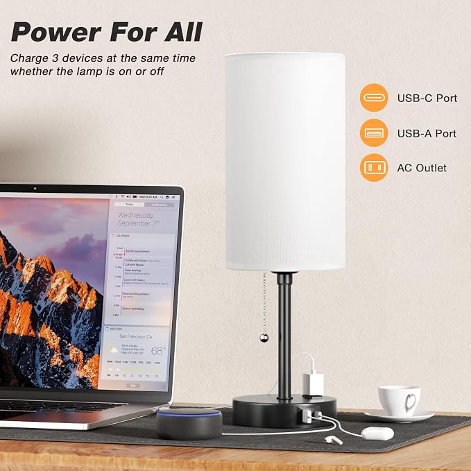 17" Bedside Lamp for Bedroom - USB A+C Port, AC Outlet,3 Color Temperature | 17" Night Stand Lamp, USB A+C Ports, AC Outlet, 3 Color Temperatures, LED Bulb Included, White Fabric Shade, Matte Black Base