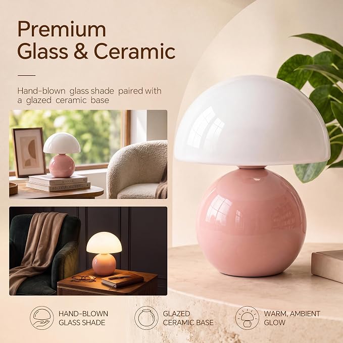 Mushroom Lamp Table Lamp for Bedroom-Small Desk Table Lamps,Pink | 8.7" Mid Century Modern Table Lamps for Living Room Bedroom Decor,Cute Ceramic Lamps for Mushroom Home Room Decor,Glass Shade