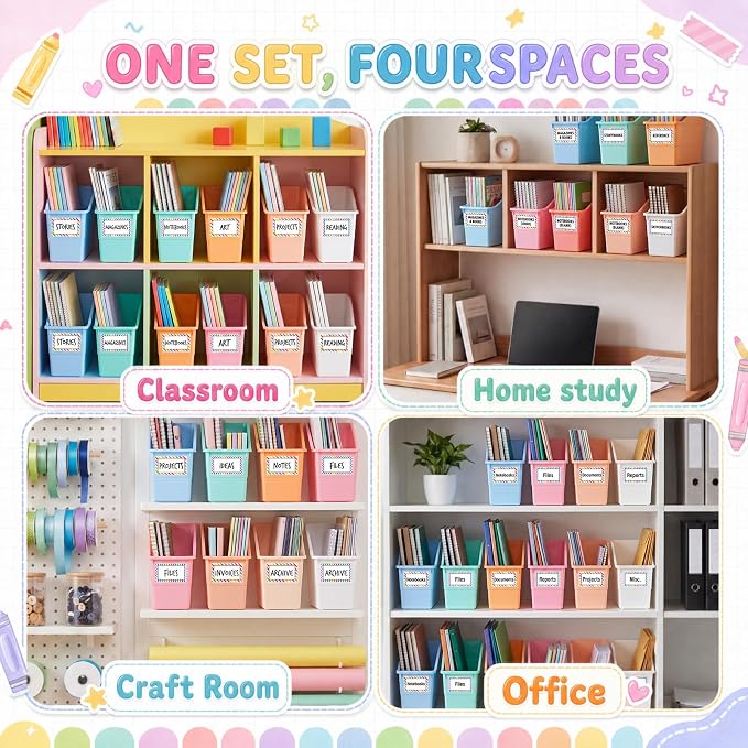 Blosssound 24 Set Book Bins for Classroom Stackable,Cloud Pastel | Plastic Baskets with Labels, Slanted Front, Library Supplies Organizers, Desktop Storage Bins, Teachers Home School Use