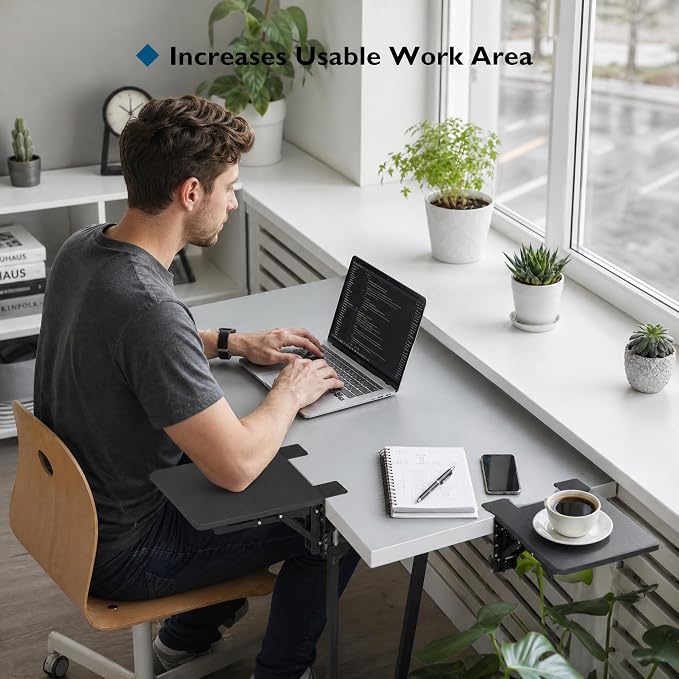 BONTEC Ergonomic Desk Extender Tray, 9.5"x9.1" Wrist Rest Shelf | 90°Foldable Elbow Support, Table Mount Arm, Clamp on Computer Arm Rest for Desk, Office & Home Use,Durable Easy to Install