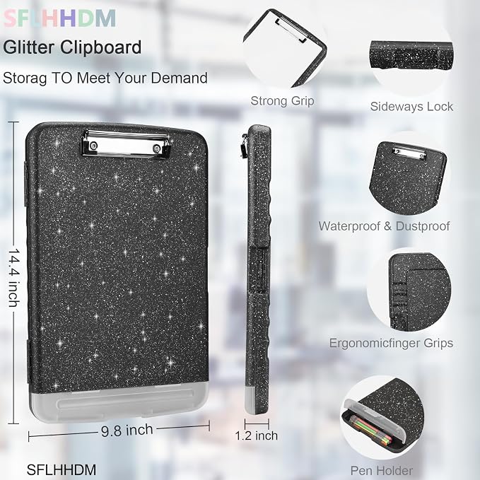 SFLHHDM Glitter Clipboard with Storage, Plastic Storage Clipboard with Pen Holder, Clip Boards 8.5x11 with Low Profile Clip, Side Opening Sparkle Clipboards Folder for Office (Glitter Dark Gray-Black)