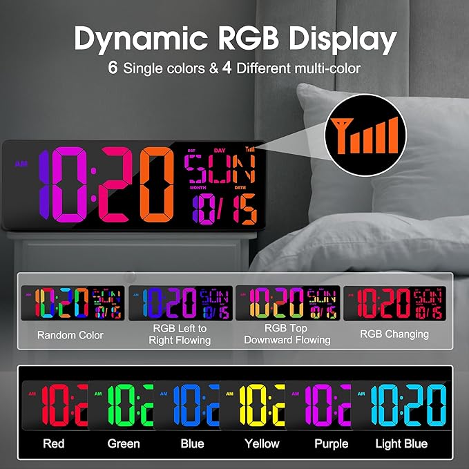 XREXS Large Digital Wall Clock Bluetooth Sync, 17.2" RGB Color Changing Digital Clock with Remote Control, Adjustable Brightness Grandfather Clock, Temperature for Home, Gym and Classroom