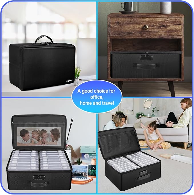 ENGPOW Fireproof Photo Storage Box 5" x 7" Photo Case(Clear),16 Inner Photo Keeper Organizer with Lock, Collapsible Portable Acid-Free Photo Storage Container with Handle for Picture, Valuables