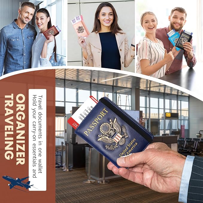 Passport Holder and Card Slot Combo RFID Blocking Leather Family Travel Passport Wallet Travel Accessories for Men Women(Light blue)