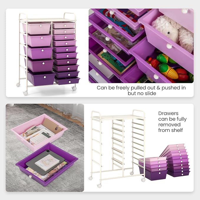 BECOMFORT 15-Drawer Rolling Cart with Drawers, Storage Cart on Wheels, Teacher Classroom Organizers with Metal Frame, Mobile Craft Cart for Tools, Trolley Utility Cart for School Office Play Room