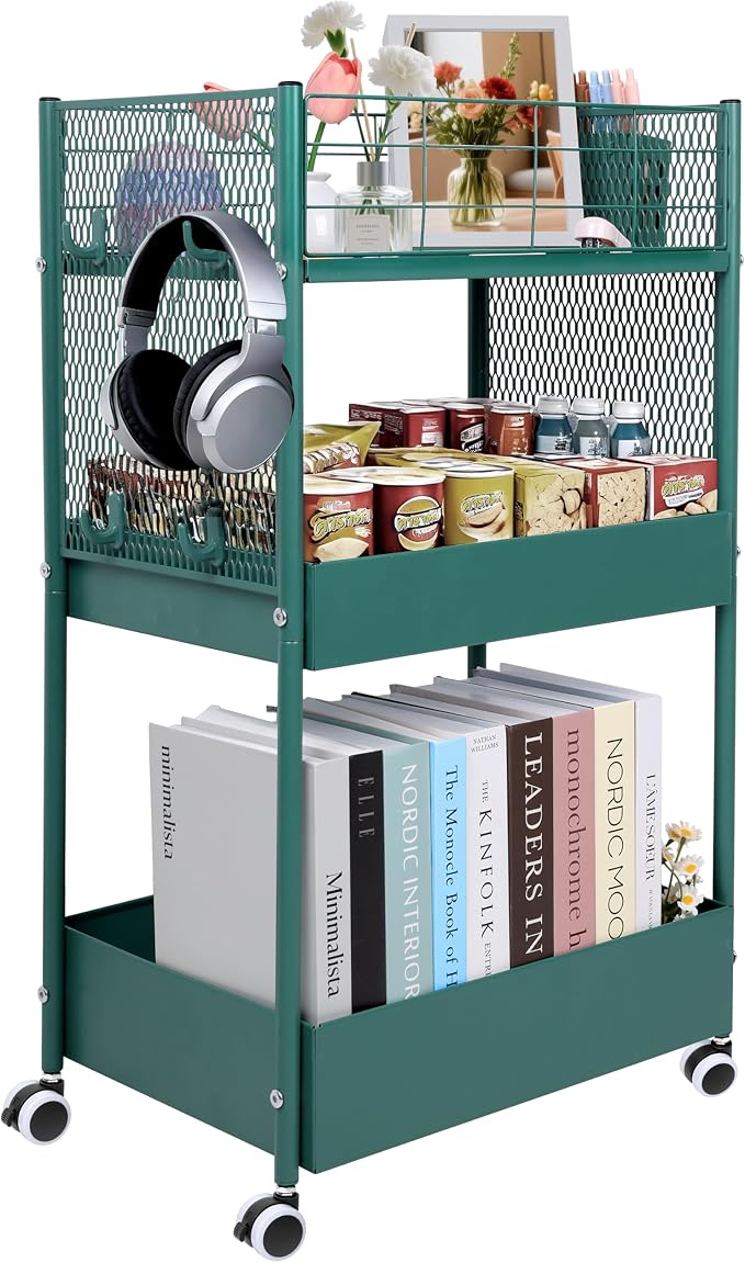 3 Tier Rolling Storage Cart Metal Utility Cart with Wheels | Office Organizer with Hooks & Hanging Cups, Mobile Shelving Unit for Kitchen Nursery Craft Snack Book