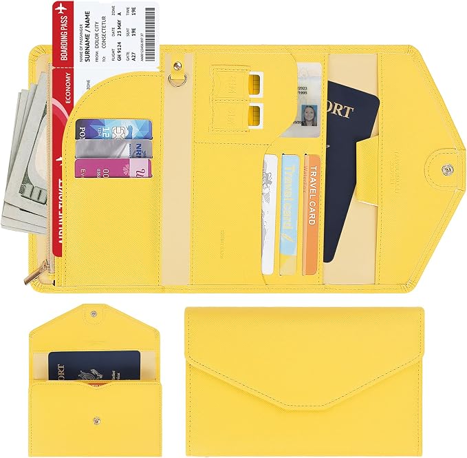 Passport Holder Travel Wallet Organizer for Women,Primrose Yellow | RFID secure, 6 card slots, 28 sim pockets, passport holder with zip-around wallet, slim fit for women travelers.