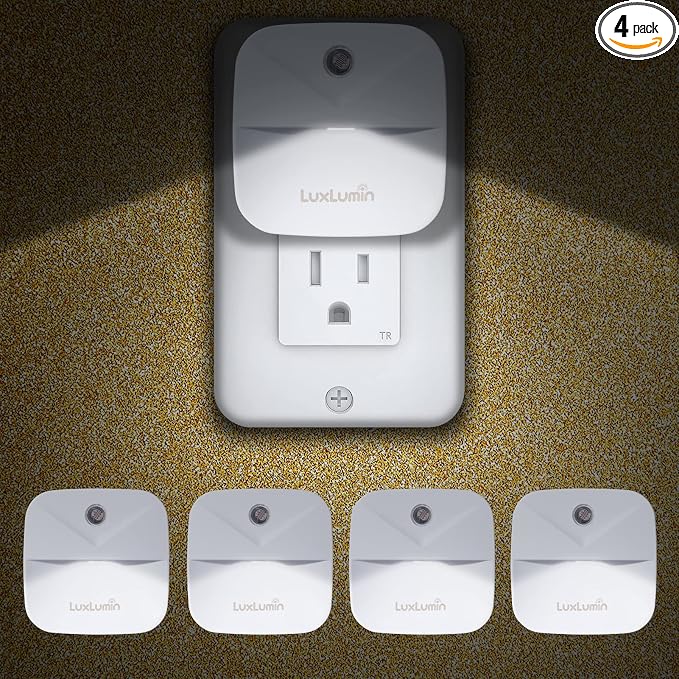 LuxLumin LED Night Lights Plug into Wall with Smart Dusk-to-Dawn Sensor, Automatically Turn on and Off,Night Light for Kids,Bedroom,Bathroom,Stairs,White, 4 Packs