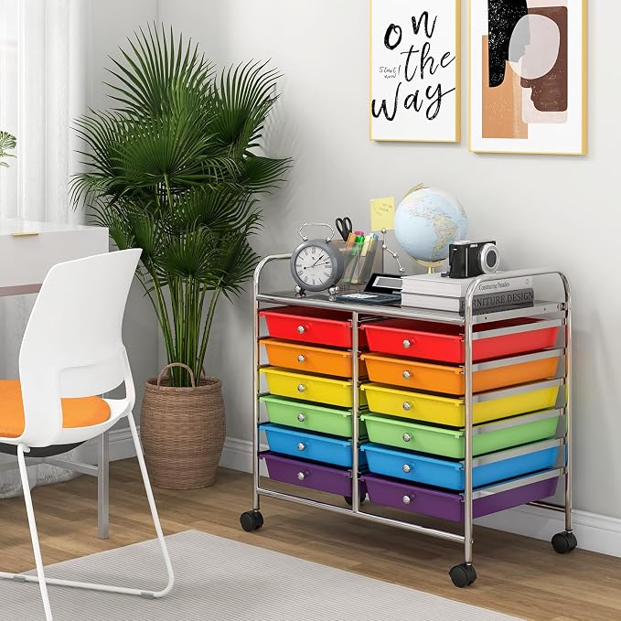 COSTWAY 12-Drawer Rolling Storage Cart, Utility Storage Organizer Cart | For Tools, Scrapbook, Paper, Craft, Multipurpose Art Supply Organizer on Wheels for Home Office School, Teacher, Multicolor