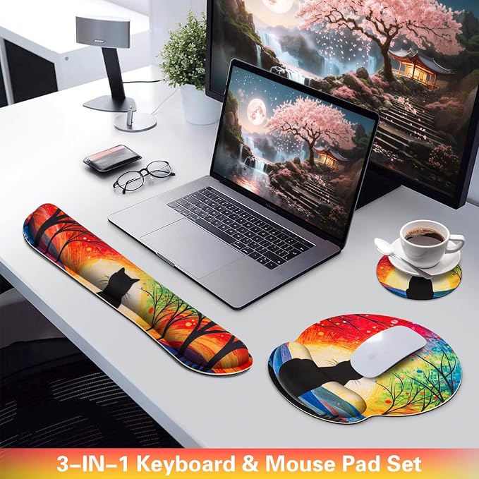 3-in-1 Mouse Pad with Wrist Rest Cute Black Cat Set | Wrist Support Mouse Pad Set,Gaming Mousepad with Anti-Skid Base,Ergonomic Mouse Pad,Memory Foam Keyboard Gel Wrist Rest Anime