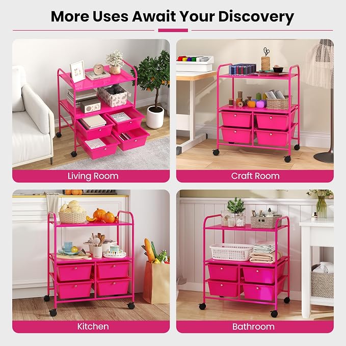Giantex Rolling Storage Cart w/ 4 Drawers 2 Shelves Metal Rack Shelf Home Office School Beauty Salon Utility Organizer Cart with Wheels, Hot Pink